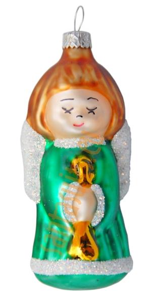 Green angel with trumpet ornament
